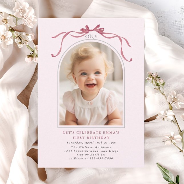 Convites Arco de Foto de Aniversário de 1 Ano Menina com La (Criador carregado)