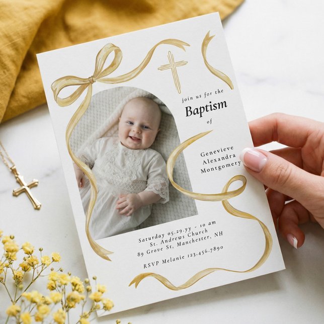 Convites Arco de Foto de Batismo de Bebê com Laço Amarelo E (Elegant Yellow Bow Baptism Baby Photo Arch Cross Invitation)