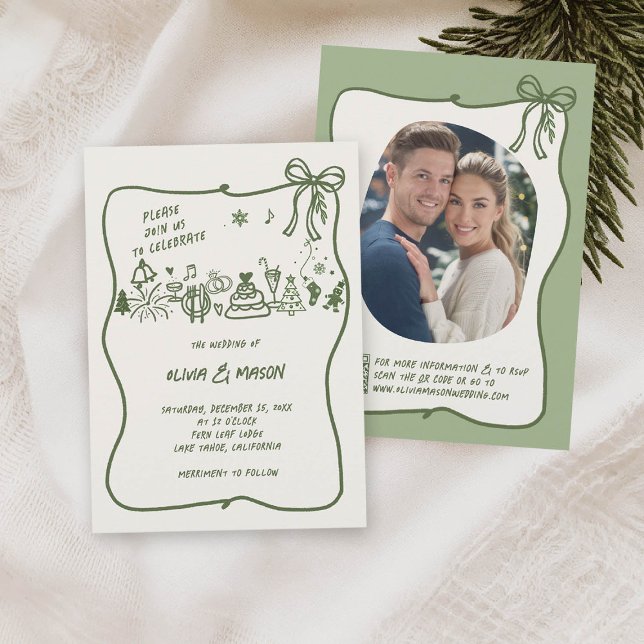 Convites Arco de Frame de Porteiro Desenhado à Mão Sage Win (HAND DRAWN winter wedding squiggle frame bow doodle illustration sage green qr code)