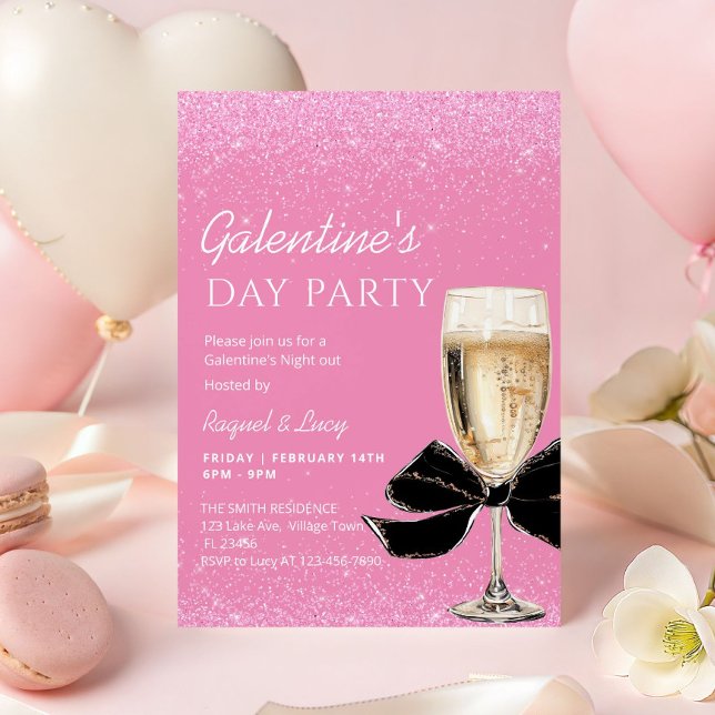 Convites Arco de Galentine's Day Coquete Rosa Festa (Black coquette bow Galentine's Day Party Invitation)