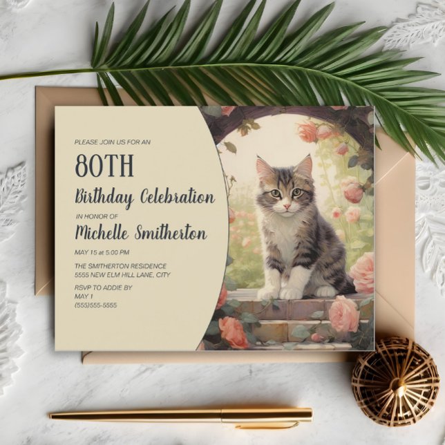 Convites Arco de Gatinho Branco Cinza 80º Aniversário (Cute gray and white kitten 80th birthday party invitation for women.)