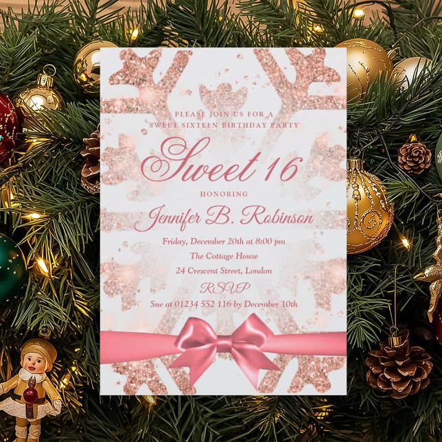 Convites Arco de Glitter de Inverno em Rose Gold para Doçur (Rose Gold Winter Glitter Bow Sweet 16 Birthday Invitation)