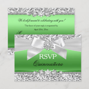 Convites Arco de Glitter Verde Limão Prata RSVP Quinceanera