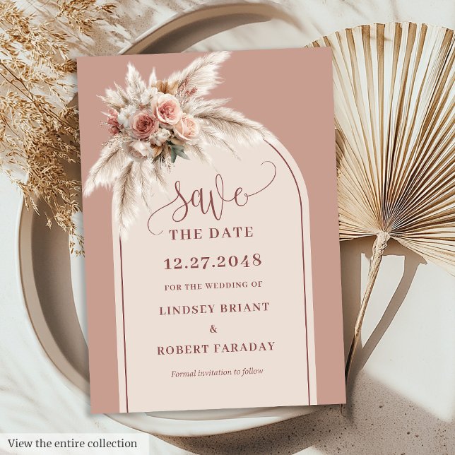 Convites Arco de Grama de Pampas Rosa Empoeirado Romântico  (Romantic Dusty Pink Pampas Grass Arch Save the Date)