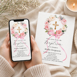 Convites Arco de grinalda floral rosa cruz menina batismo