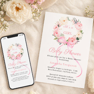Convites Arco de grinalda floral rosa para chá de bebê meni