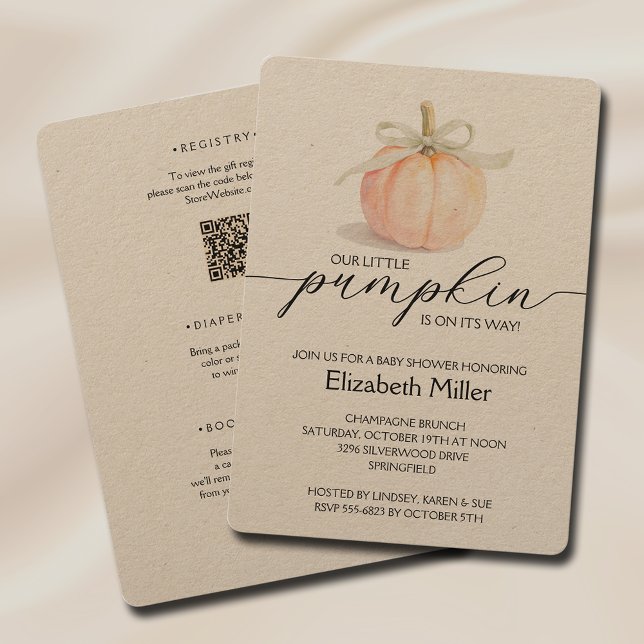 Convites Arco De Ivory Pequeno Chá de fraldas De Abóbora Tu (Ivory ribbon bow little pumpkin gender neutral baby shower all in one invitations on kraft paper)