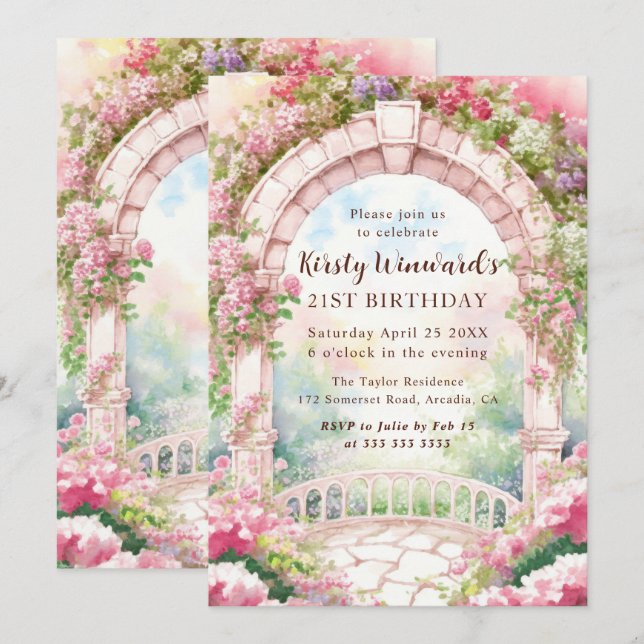 Convites Arco de Jardim Inglês Rosa Aquarela para Aniversár (Frente/Verso)