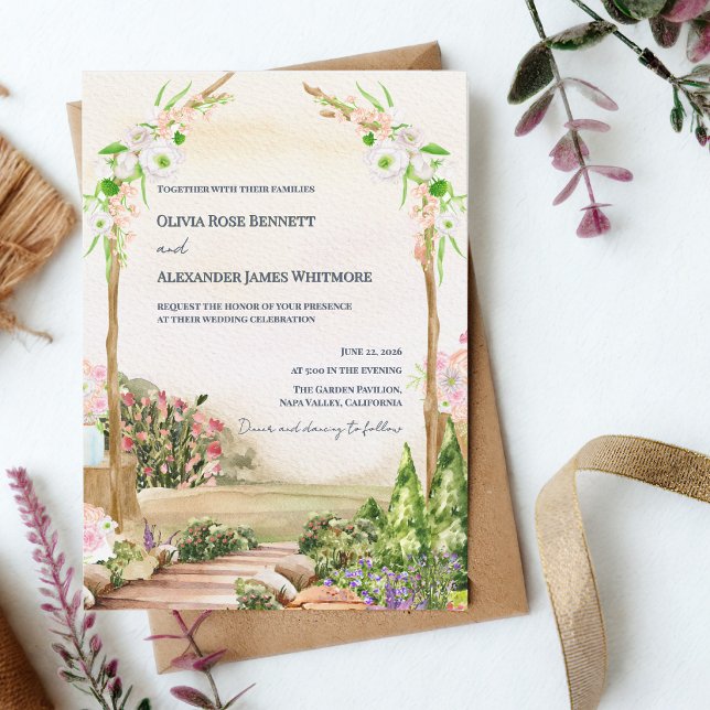 Convites Arco de Jardim Romântico em Aquarela para Casament (Watercolor Garden Arch Wedding Invitation Romantic Outdoor Floral Wedding Invite)