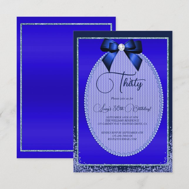 Convites Arco de Joia Azul Elegante e Aniversário Glitter (Frente/Verso)