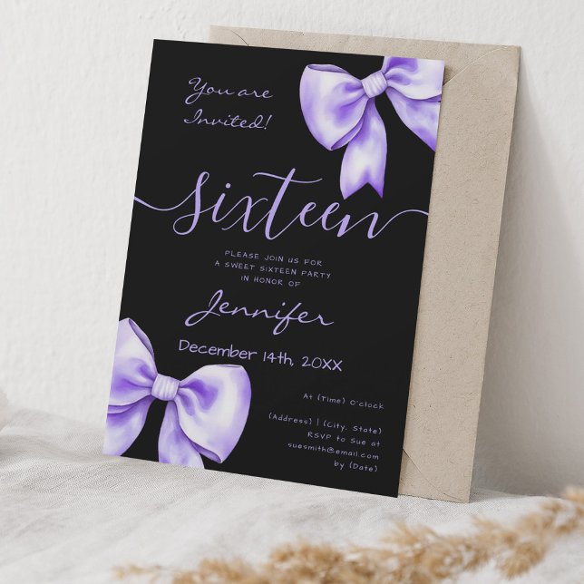Convites Arco de Lavanda roxa-coquete Preto-16 Partido Doce (Coquette Purple Lavender Bow Sweet 16 Party Black Invitation)