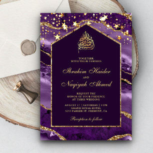 Convites Arco de Mármore Dourado Roxo Real Casamento Muçulm