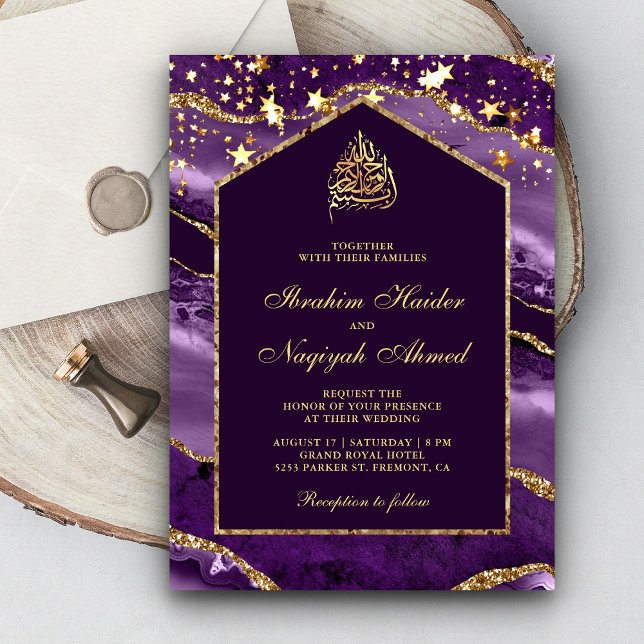 Convites Arco de Mármore Dourado Roxo Real Casamento Muçulm (Criador carregado)