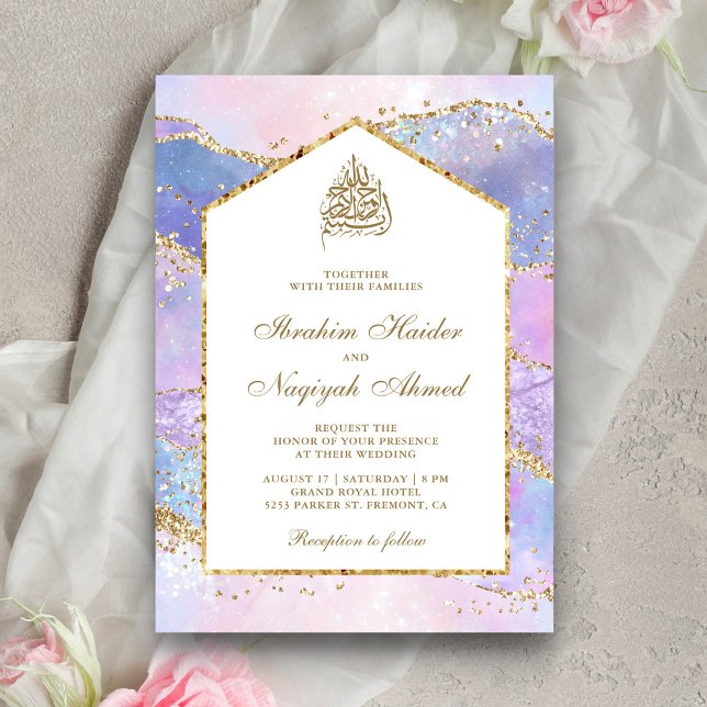 Convites Arco de Mármore Lavanda Pastel Casamento Muçulmano (Criador carregado)