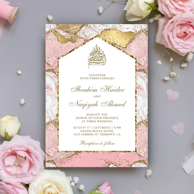 Convites Arco de Mármore Rosa Bege Dourado Casamento Muçulm (Criador carregado)
