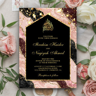 Convites Arco de Mármore Rosa Bege Preto Dourado Casamento 