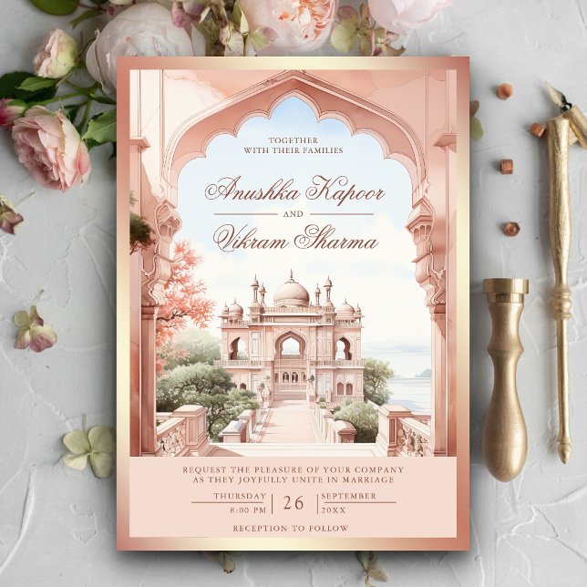 Convites Arco de Mármore Rosa Foto Palácio Casamento Indian (Criador carregado)