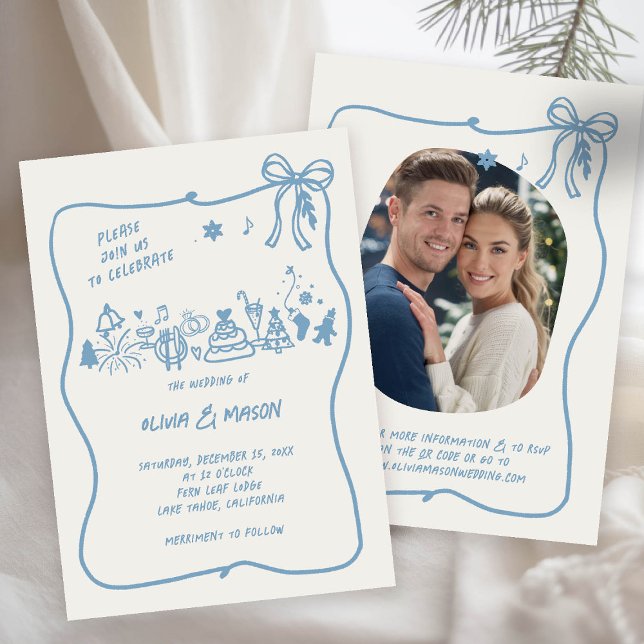 Convites Arco de Moldura de Portas Desenhado à Mão Azul QR  (winter wedding invitation frozen blue doodle hand drawn illustration bow squiggle whimsical qr photo)