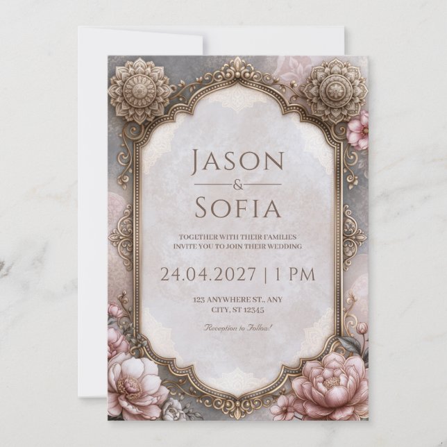 Convites Arco de Moldura Mandala Rosa Casamento (Frente)