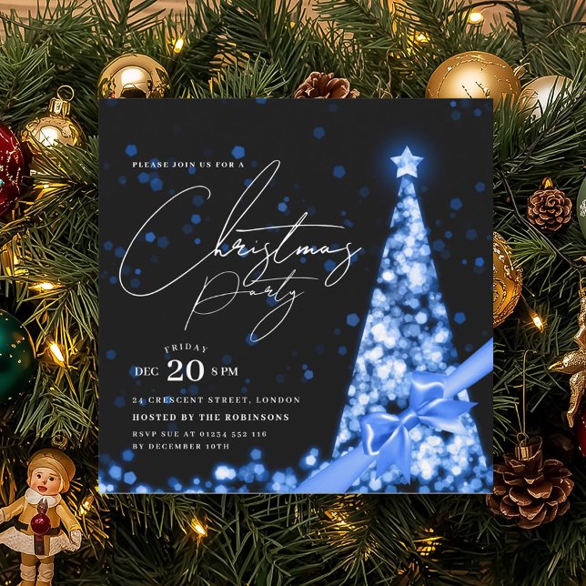 Convites Arco de Natal de Inverno Azul MODERNO Festa  (MODERN Blue Winter Christmas Tree Bow Party Invitation)