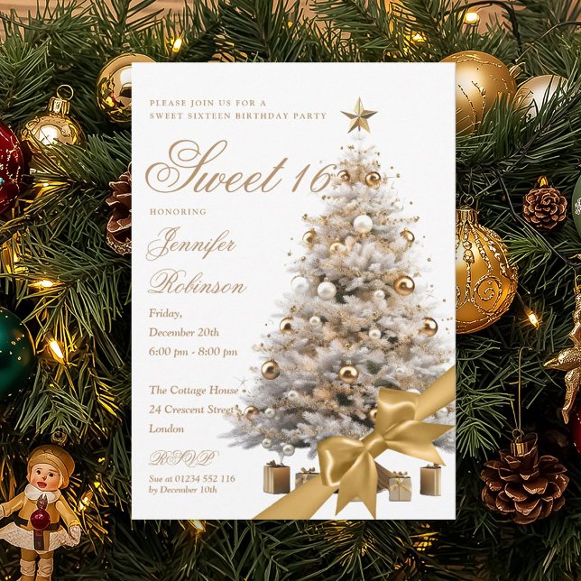 Convites Arco de Natal de Inverno Dourado Festa de Aniversá (Gold Winter Wonderland Bow Sweet 16 Birthday Party Invitation)