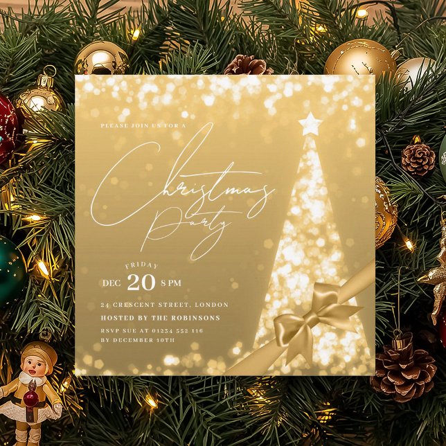 Convites Arco de Natal de Inverno Dourado MODERNO Festa  (MODERN Gold Winter Christmas Tree Bow Party Invitation)