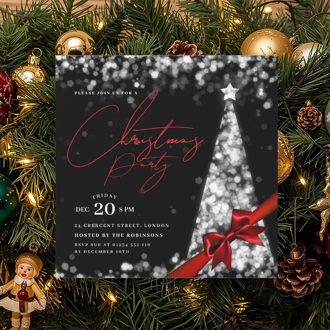 Convites Arco de Natal de Inverno Prateado MODERNO Festa  (MODERN Silver Winter Christmas Tree Bow Party Invitation)