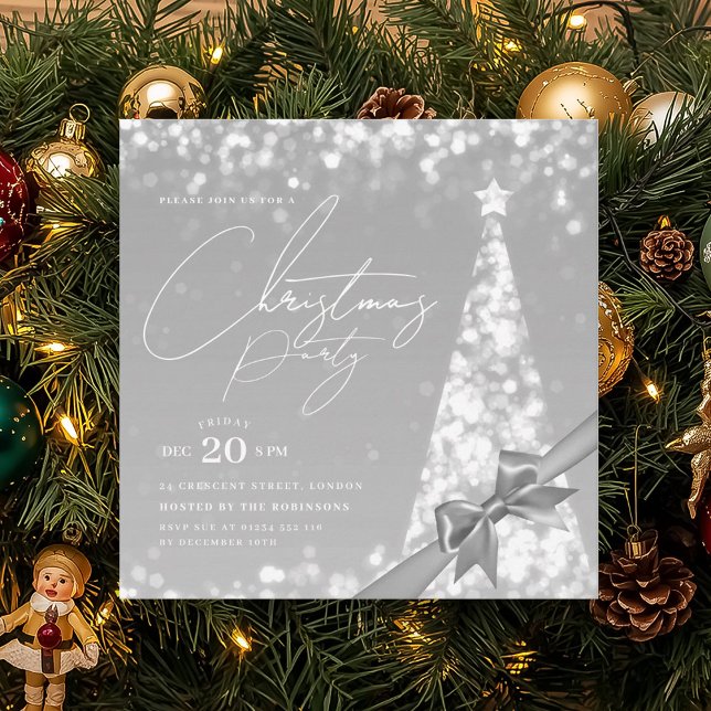 Convites Arco de Natal de Inverno Prateado MODERNO Festa  (MODERN Silver Winter Christmas Tree Bow Party Invitation)