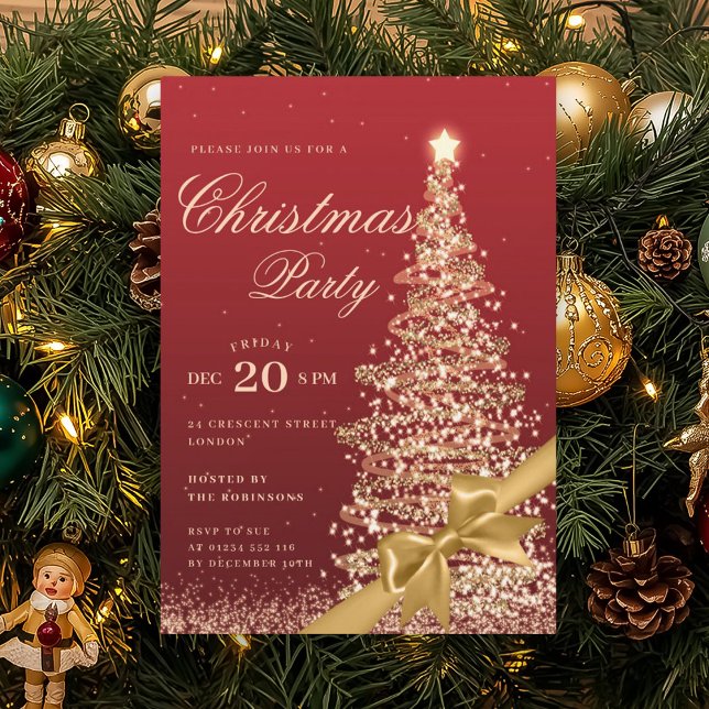 Convites Arco de Natal de Inverno Vermelho Dourado Árvore d (Gold Red Winter Christmas Tree Bow Holiday Party Invitation)