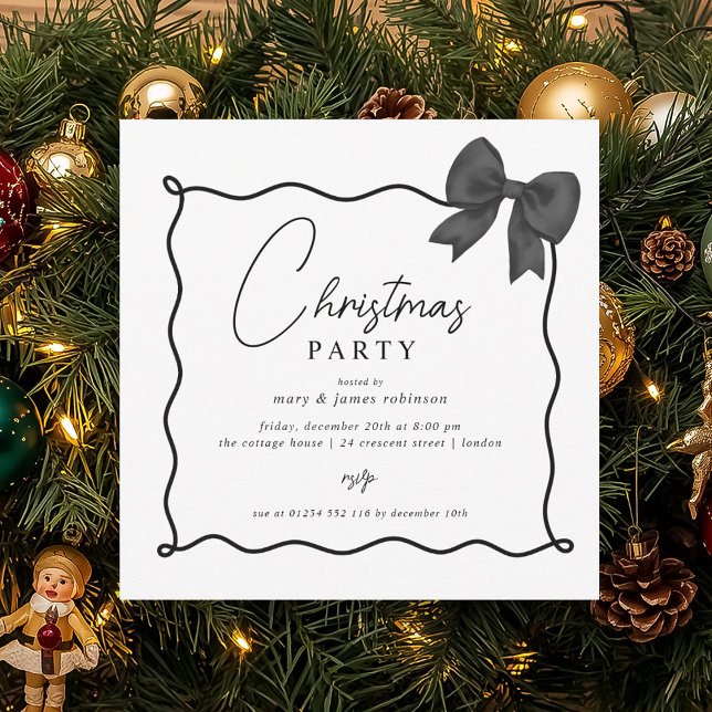 Convites Arco de Natal - Festa Whimsical Black (Christmas Holiday Party Whimsical Black Bow Invitation)