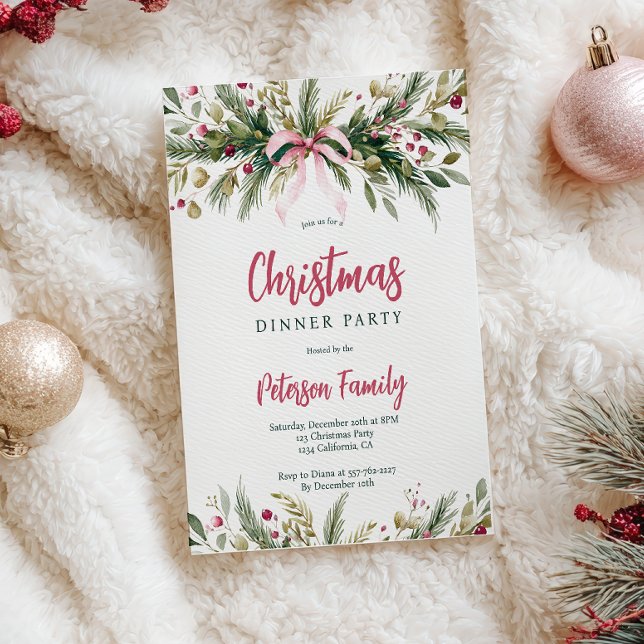 Convites Arco de Natal Grandmillennial Laço Coquete Rosa (Pink Coquette Bow Grandmillennial Christmas Wreath Invitation)