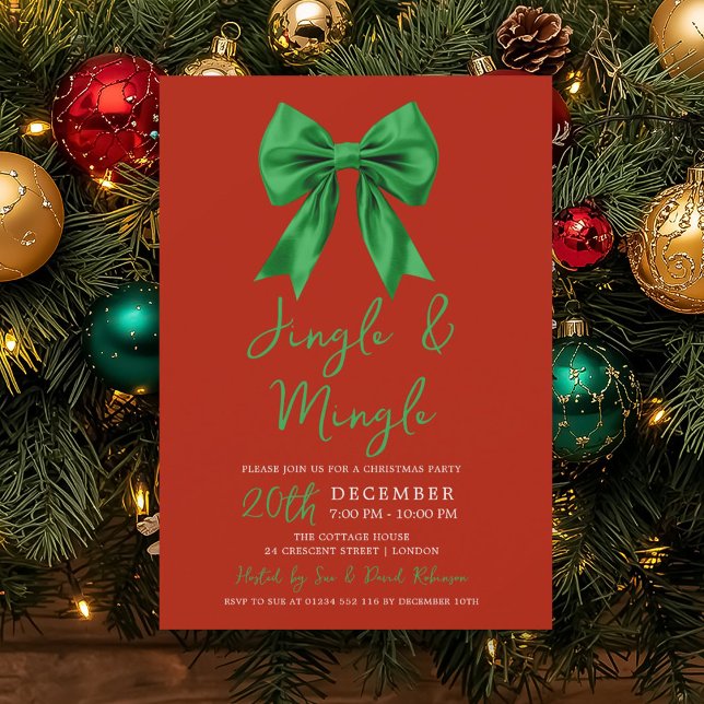 Convites Arco de Natal Jingle & Mingle Verde Vermelho (Green Jingle & Mingle Christmas Party Bow Red Invitation)