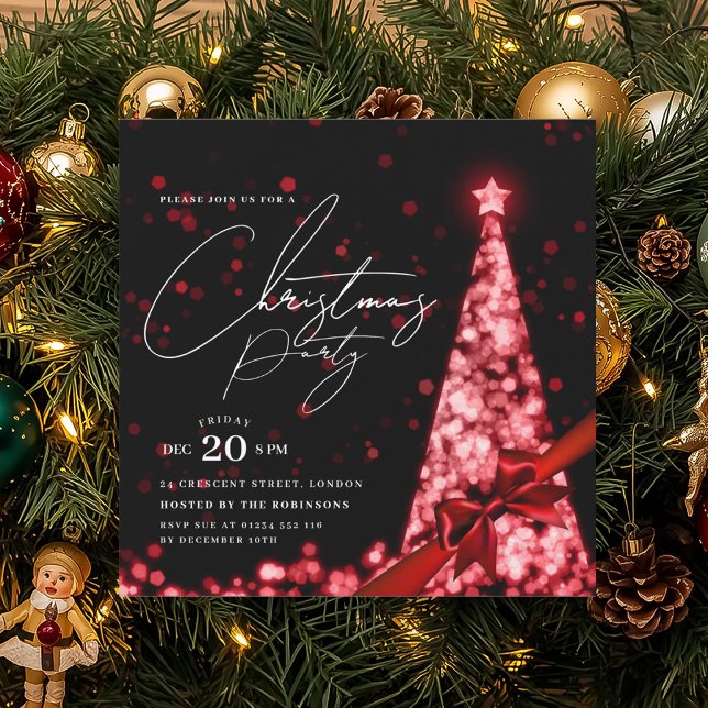 Convites Arco de Natal Vermelho de Inverno MODERNO Festa  (MODERN Red Winter Christmas Tree Bow Party Invitation)