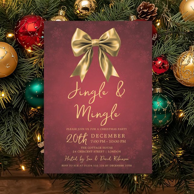 Convites Arco de Natal Vermelho Dourado Jingle & Mingle Fes (Gold Red Jingle & Mingle Christmas Party Bow Snow Invitation)