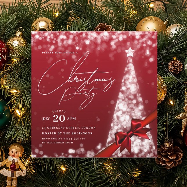 Convites Arco de Natal Vermelho Prateado Moderno para Árvor (MODERN Silver Red Winter Christmas Tree Bow Party Invitation)