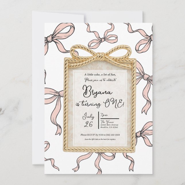 Convites Arco de Ouro Moldura Arco de Fita Rosa 1º Aniversá (Frente)