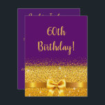 Convites arco de ouro roxo, 60 anos, elegante<br><div class="desc">Convite de festas elegante,  clássico,  glamouroso e feminino. Uma fita e um arco dourados falsos. Cor de fundo roxa e violeta. Com o texto: 60º Aniversário! na frente Adicione os detalhes do evento no verso.</div>