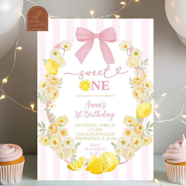 Convites Arco de Rosa Floral Limão Doce Um Aniversário de 1 (Criador carregado)