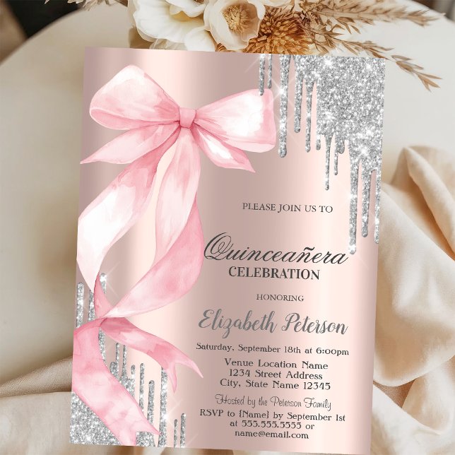 Convites Arco de Rosa Glitter Prata Dourado RosaQuinceañera (Criador carregado)