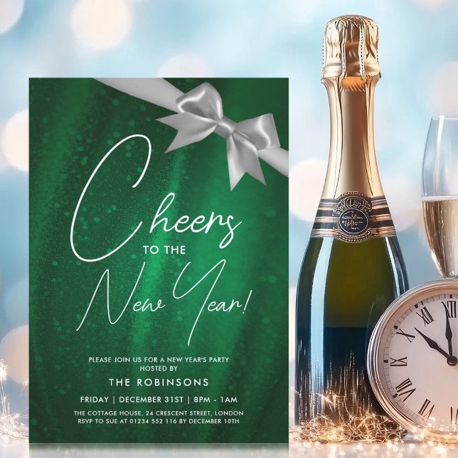Convites Arco de Sequência de Sparkle Verde véspera de ano  (New Years Eve Silver Green Sparkle Sequin Bow Invitation)