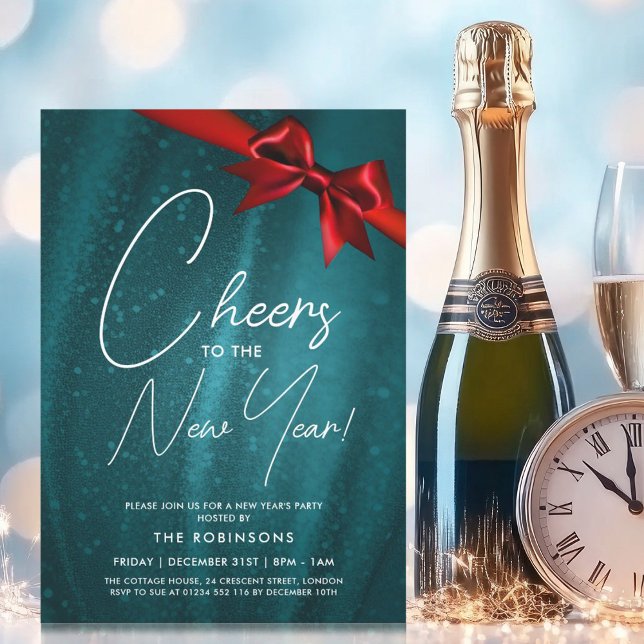 Convites ARCO de sequência Sparkle de Véspera de ano novo M (MODERN New Years Eve Teal Sparkle Sequin Bow Invitation)