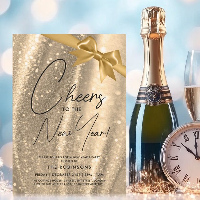 Convites ARCO de Sequência Sparkle Dourada MODERN Véspera d (MODERN New Years Eve Gold Sparkle Sequin Bow Invitation)