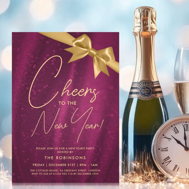 Convites ARCO de Sequência Sparkle Rosa Dourada MODERN Vésp (MODERN New Years Eve Gold Pink Sparkle Sequin Bow Invitation)
