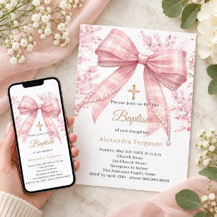 Convites Arco de tartan floral rosa menina Batismo