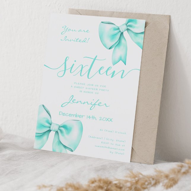 Convites Arco de Teal Coquette Turquoise Doce 16 Aniversári (Coquette Turquoise Teal Bow Sweet 16 Birthday Invitation)
