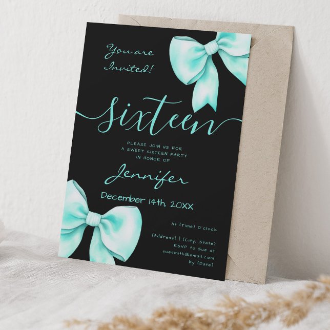 Convites Arco de Téal de Turquoise Coquette Sweet 16 Party  (Coquette Turquoise Teal Bow Sweet 16 Party Black Invitation)