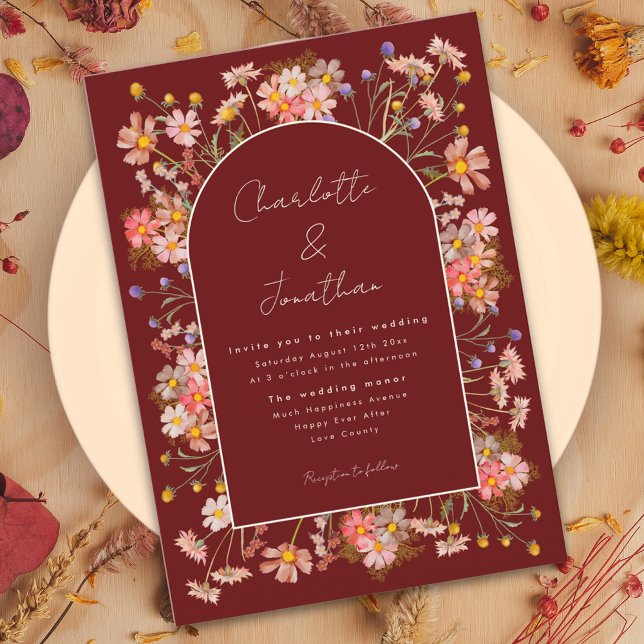 Convites Arco de Terracota com Flores Silvestres para Casam (Boho floral arch burgundy burnt orange fall wedding invitation )