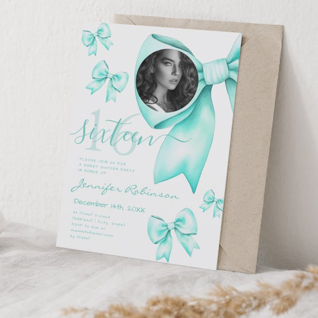 Convites ARCO de Turquesa de Coquetes Cute FOTO Docinho 16 (PHOTO Cute Coquette Turquoise Bow Sweet 16 Invitation)