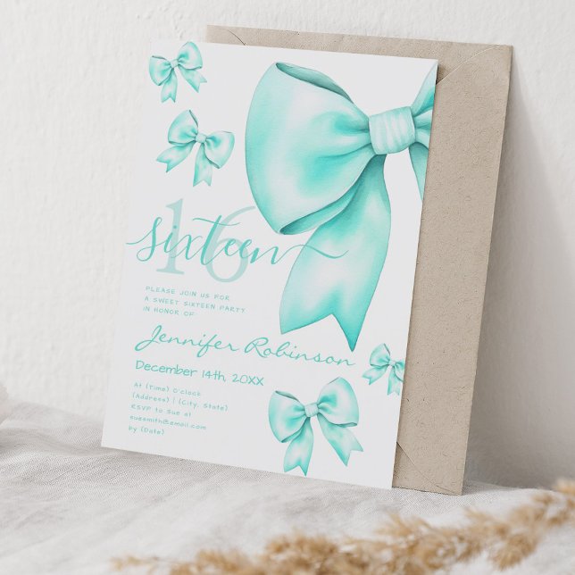 Convites Arco de Turquesa de Coquetes Cute Sweet 16 (Cute Coquette Turquoise Bow Sweet 16 Invitation)