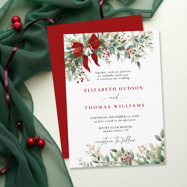 Convites Arco de Vegetação de Inverno de Natal Sininhos Cas (christmas wedding invitation card template design winter greenery bells watercolor botanical rustic )